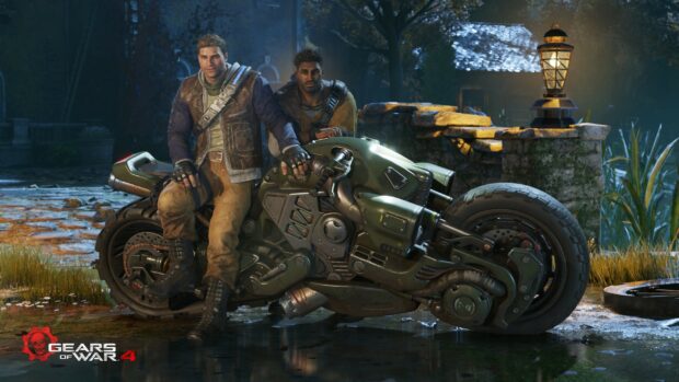 Two Gears of War characters posing next to an armored motorcycle at night