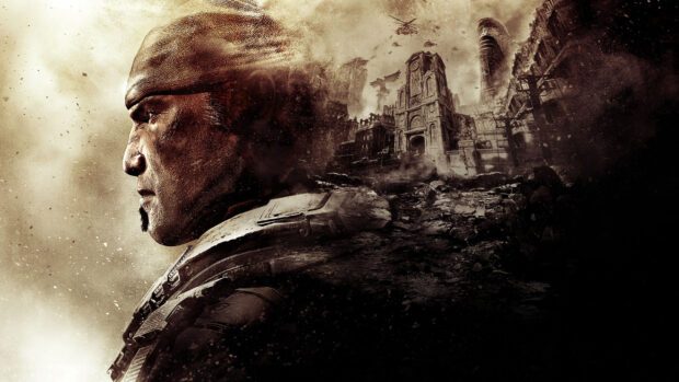 A close up of a warrior from Gears Of War with a war torn city in the background