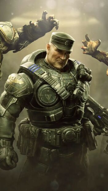 A gears of war soldier cautiously faces an approaching threat in intense combat environment