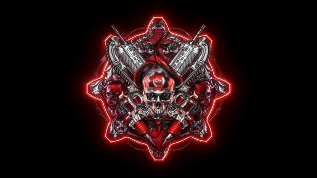 A detailed Gears of War emblem featuring a skull with crossed guns and mechanical elements glowing red