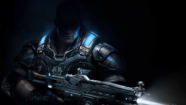 Soldier in tactical armor holding a futuristic rifle with blue lights in a dark environment