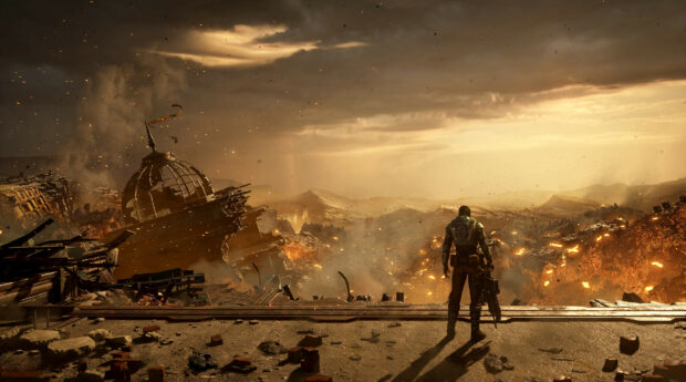 Soldier standing on rubble in a gears of war scene with burning ruins and dark cloudy sky