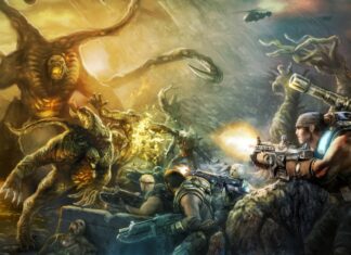 Soldiers battling monstrous creatures in a gears of war scene with intense combat and fire explosions