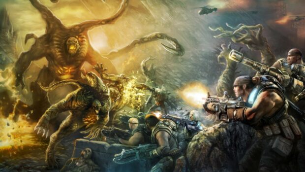 Soldiers battling monstrous creatures in a gears of war scene with intense combat and fire explosions