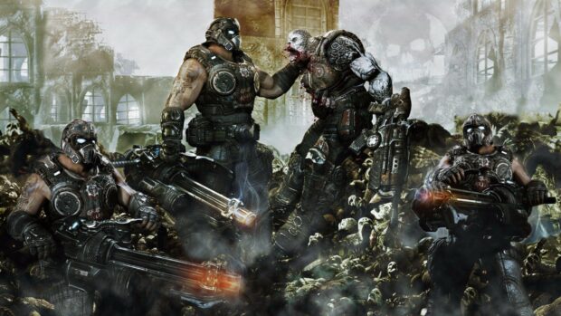 Soldiers from Gears of War fighting monstrous enemies in a ruined battlefield