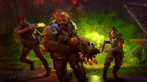 Three Gears of War characters battle with weapons in a toxic environment