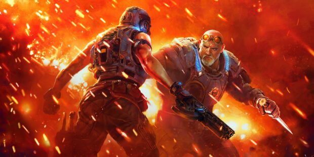 Two Gears Of War characters engage in battle with weapons in an intense fiery scene