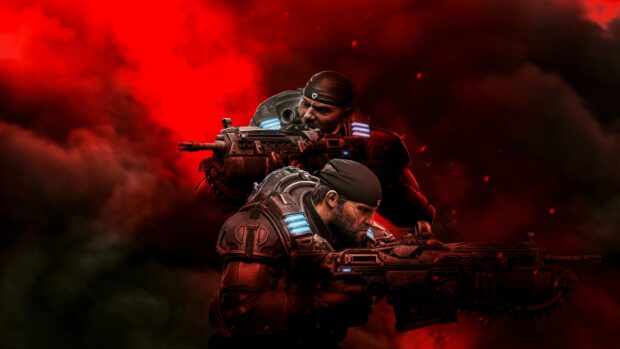 Two gears of war soldiers aiming rifles in a smoky red battlefield