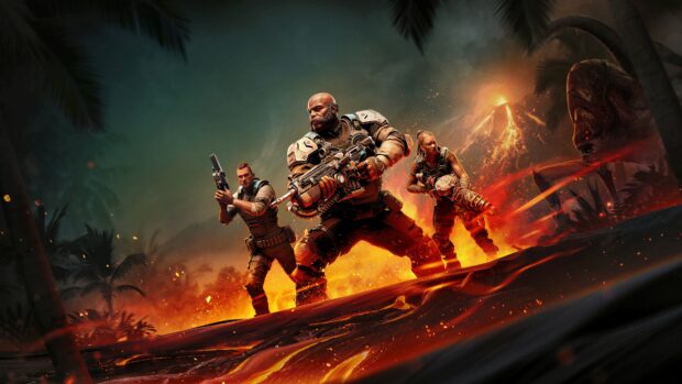 Gears Of War characters armed and ready on a fiery volcanic battlefield