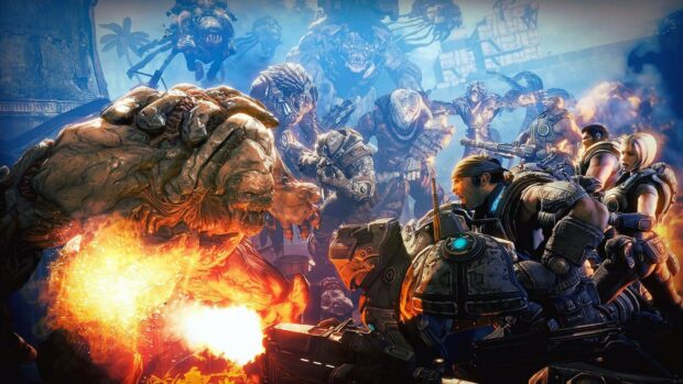 Heroes of Gears of War fighting monstrous creatures in an intense battle scene