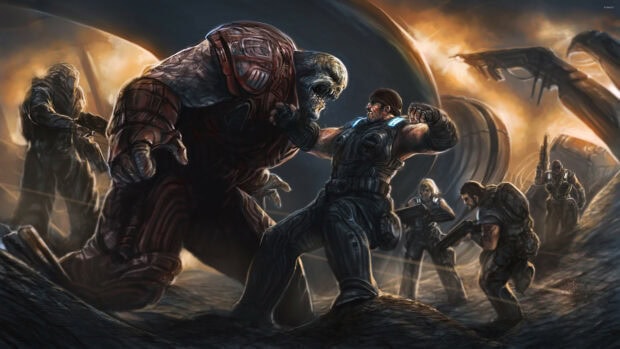 Soldier fighting a Locust creature in a Gears of War battle scene