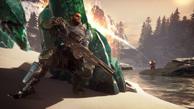 Soldier from Gears of War aiming with a rifle near icy rocks in a snowy landscape