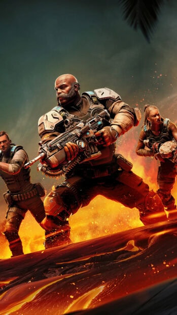 Gears of War characters preparing for battle on molten lava terrain in an intense action scene