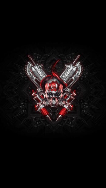 A detailed skull with horns and gears of war emblem crossed by two futuristic guns in red and black