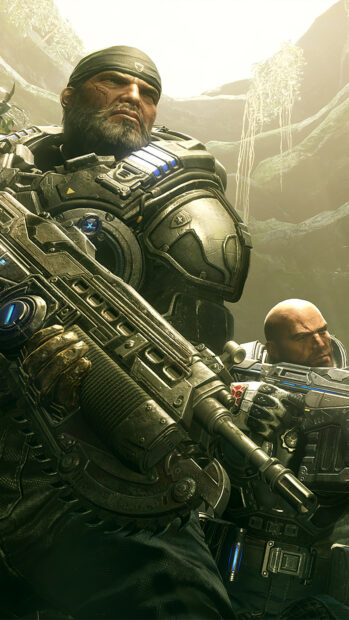 Soldier in armor holding a gun from Gears of War game with a battle scene background