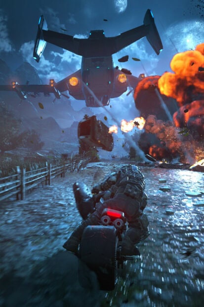 A soldier from Gears Of War riding a motorcycle escaping an explosion with helicopters overhead