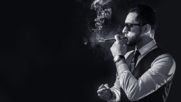A gentleman with a beard smoking a cigar in a vest and tie