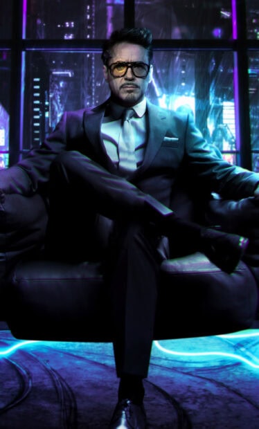 A gentleman wearing a suit and glasses sitting confidently on a chair in a futuristic setting