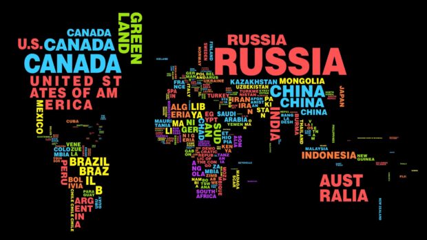 A colorful typography map showing country names across the world with emphasis on Canada Russia and China