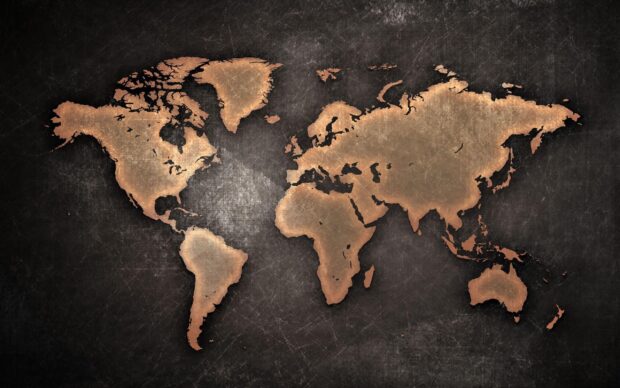 Vintage style world map geography on a textured scratched surface