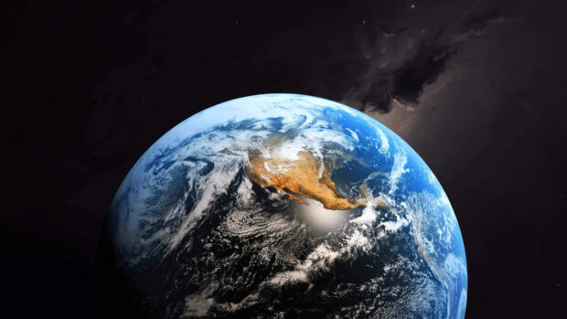 A detailed view of Earth showing North America geography with cloud formations and ocean details