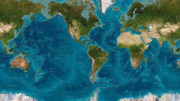Detailed global geography map showing continents and oceanic features in high resolution