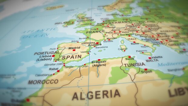 Detailed map of Spain and surrounding countries showing geographical locations in Europe and Africa