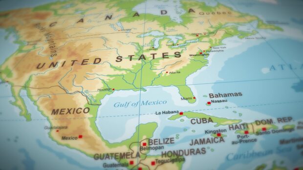 Detailed political map showing the geography of the United States and surrounding countries