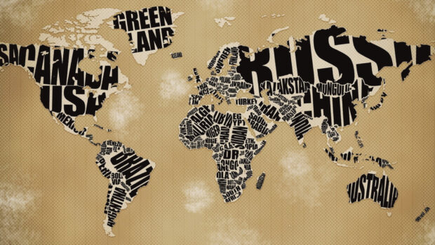 Vintage typography map showing various countries in the world with geography as the main theme