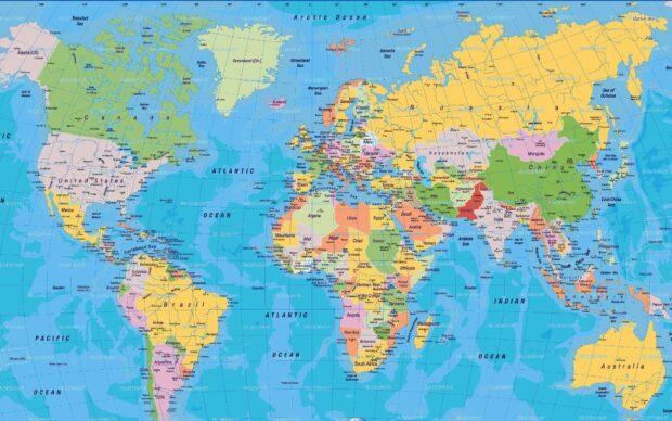 A detailed political map showing countries and continents of the world with geographic features