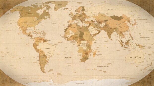 Antique world map showing continents and countries with detailed geography