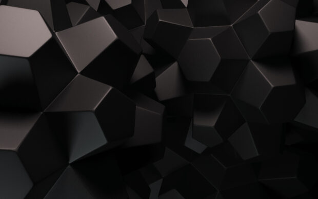 Dark geometric shapes creating a complex 3D pattern with sharp edges and smooth surfaces