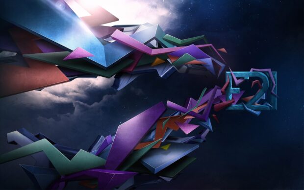 Abstract colorful geometric shapes forming a futuristic design in dark space background