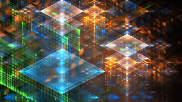 Transparent geometric shapes with colorful glowing effects in an abstract digital art style