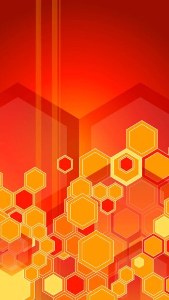 Bright orange and red geometric shapes with hexagons forming a vibrant pattern