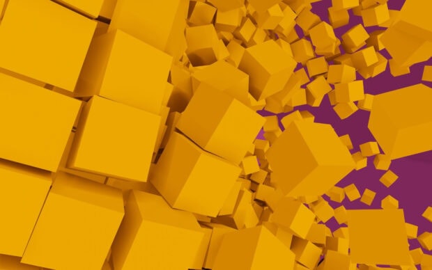Bright yellow geometric shapes arranged in a dynamic pattern on a purple background