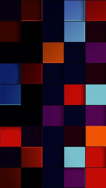 Colorful geometric shapes arranged in a grid pattern on a dark background