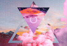 A geometric triangular design with bursts of pink smoke and a glowing circle in the sky showing vivid geometry