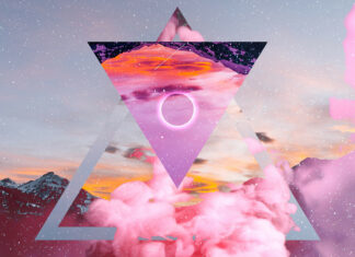 A geometric triangular design with bursts of pink smoke and a glowing circle in the sky showing vivid geometry