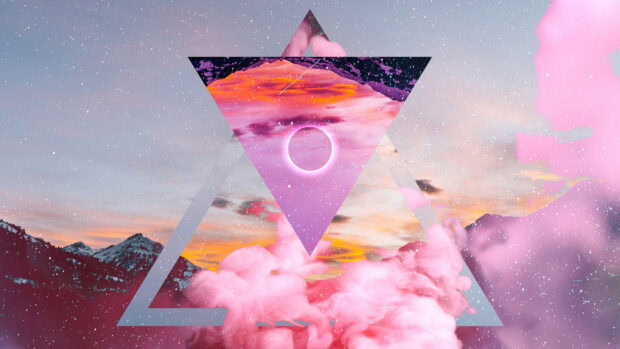 A geometric triangular design with bursts of pink smoke and a glowing circle in the sky showing vivid geometry