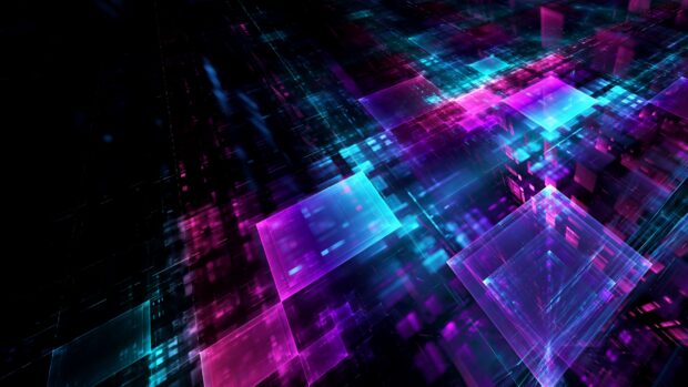 Abstract geometry with glowing blue and purple squares creating a futuristic digital network