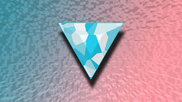 A blue geometric shape with polygonal facets floating over a three dimensional pixelated background
