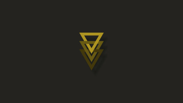 Overlapping golden geometric shapes form a triangular pattern on a dark background