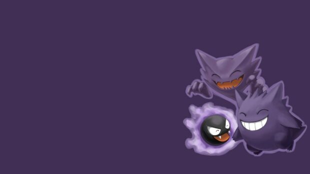 Three ghost Pokemon characters smiling happily on a purple background