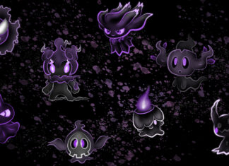 A group of ghost pokemon characters glowing purple on a dark background