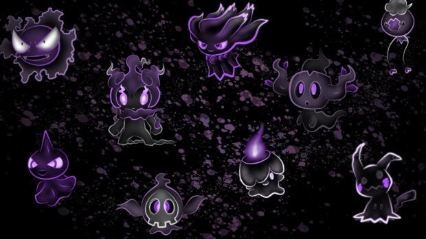 A group of ghost pokemon characters glowing purple on a dark background