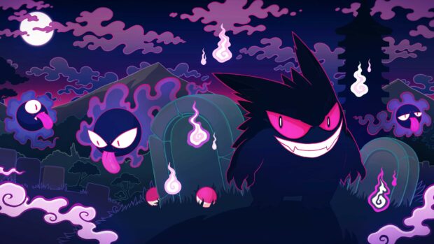 Gengar and Gastly as ghost pokemon in a spooky graveyard at night with glowing flames