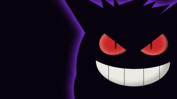 Gengar is a ghost pokemon with glowing red eyes and a wide grin in dark background