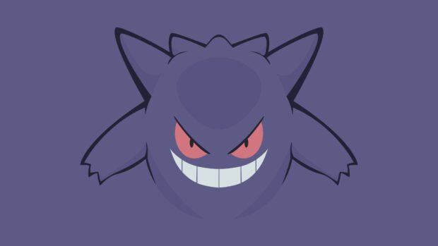 A close up of a ghost Pokemon with red eyes and a mischievous smile