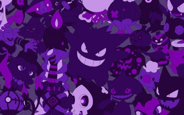 A group of ghost pokemon characters featuring gengar drifloon and duskull in a dark purple theme